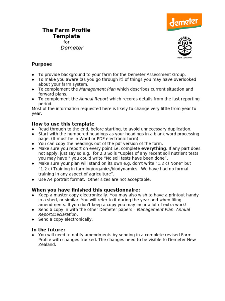 Demeter Farm Profile Template Guide | PDF | Soil | Water