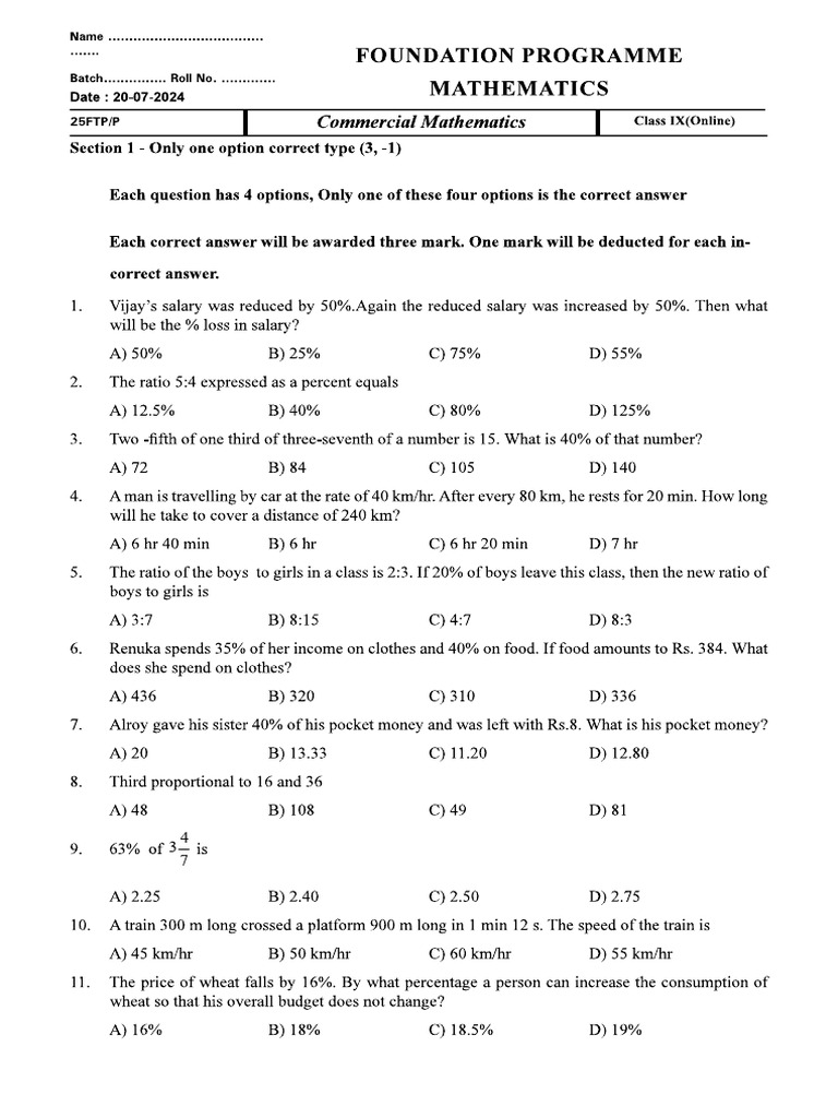 FOUNDATION Class IX (Commercial Maths) 20-07-2024 | PDF