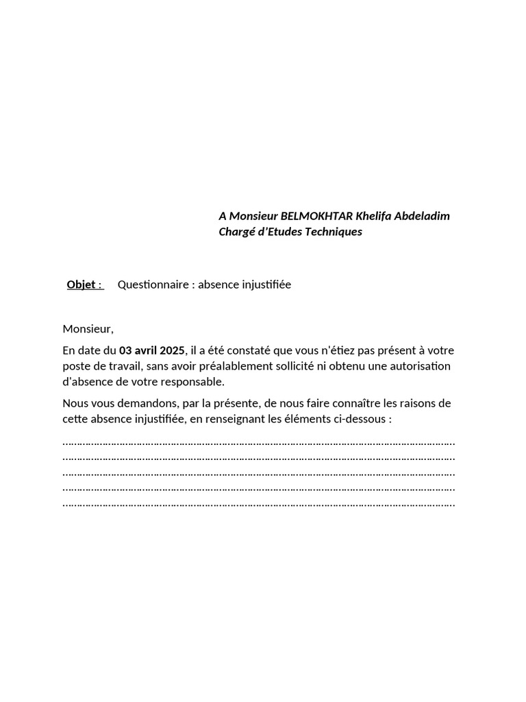 Questionnaire sur l'absence injustifiée | PDF