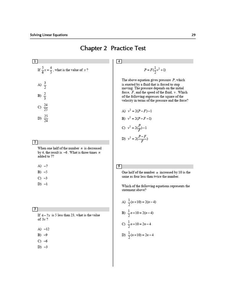 Linear Equations Practice Test | PDF | Pressure | Force
