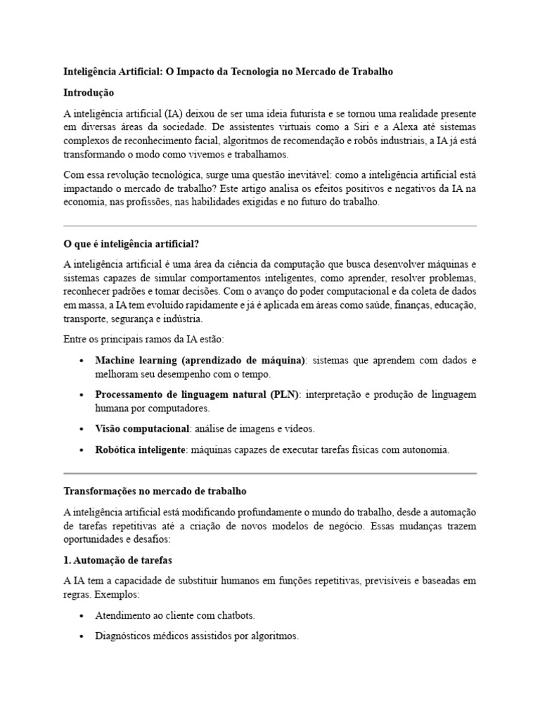 Impactos da IA no Mercado de Trabalho | PDF | Inteligência artificial ...