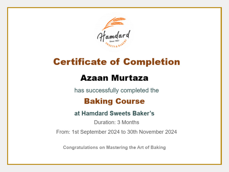 Baking Course Certificate Azaan | PDF