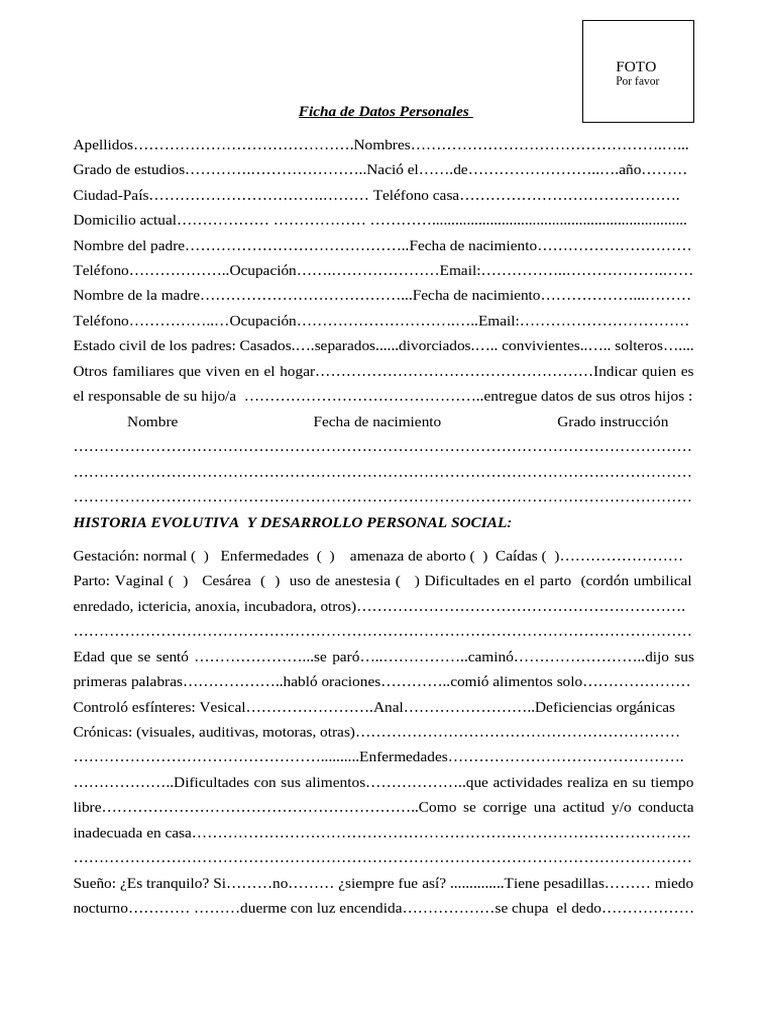 Ficha de Datos Personales Infantil | PDF