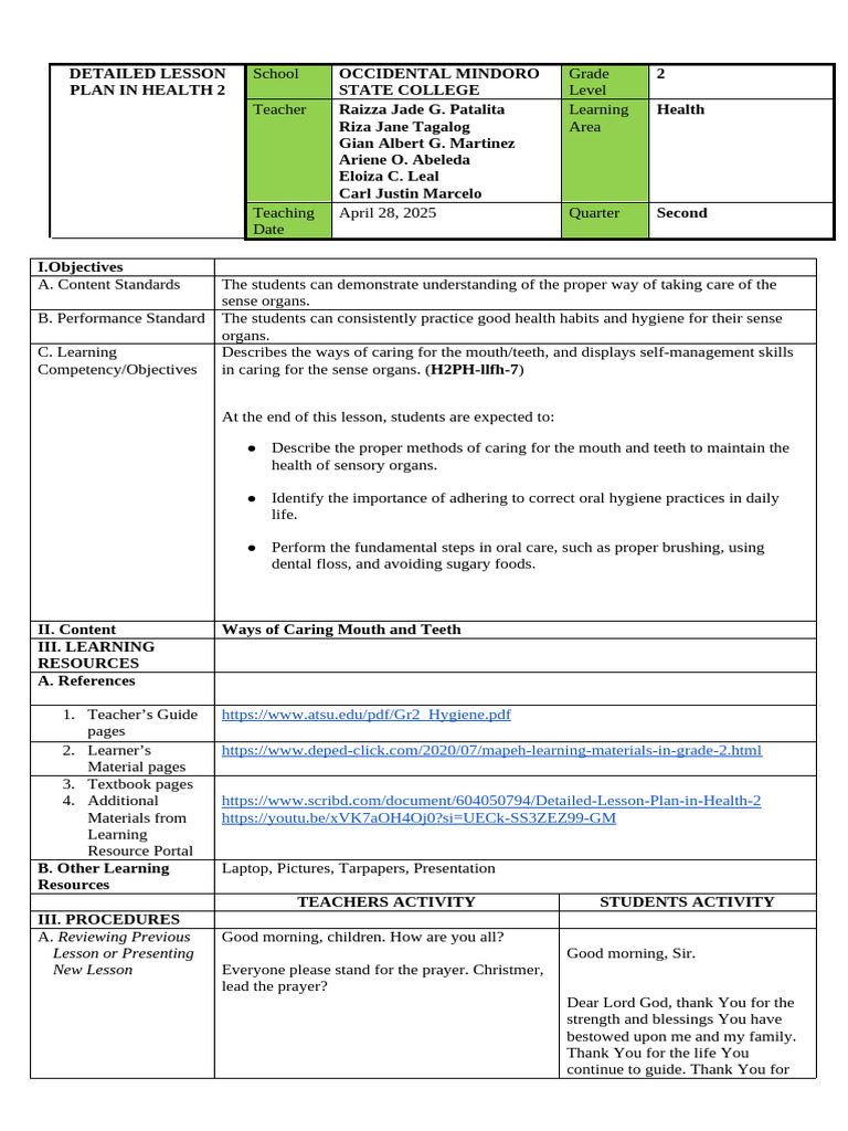Health Lesson Plan: Caring for Teeth | PDF | Oral Hygiene | Mouth