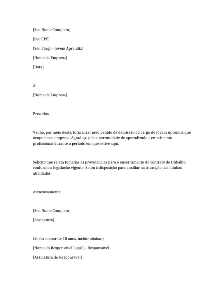 Carta de Demissão para Jovem Aprendiz | PDF