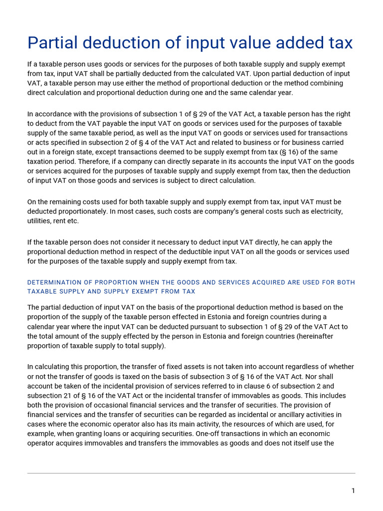 Partial VAT Deduction Methods Explained | PDF | Value Added Tax | Tax ...