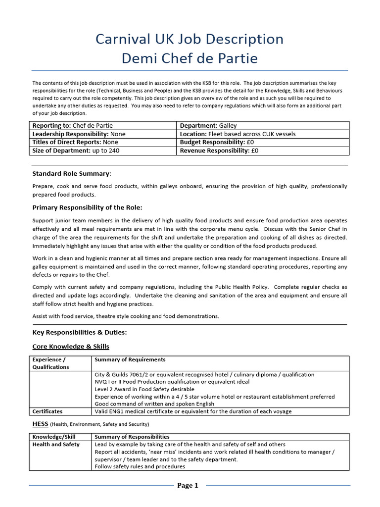 Demi Chef de Partie Job Overview | PDF | Public Health | Chef
