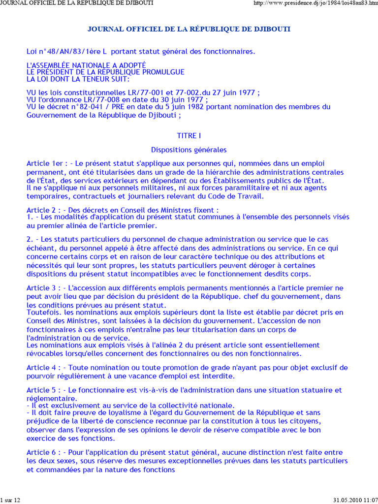 Statut des fonctionnaires à Djibouti | PDF | Gouvernement | France