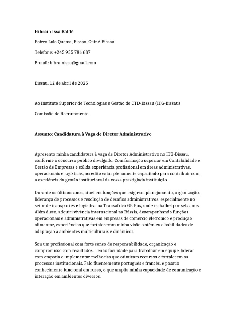 Candidatura a Diretor Administrativo ITG-Bissau | PDF