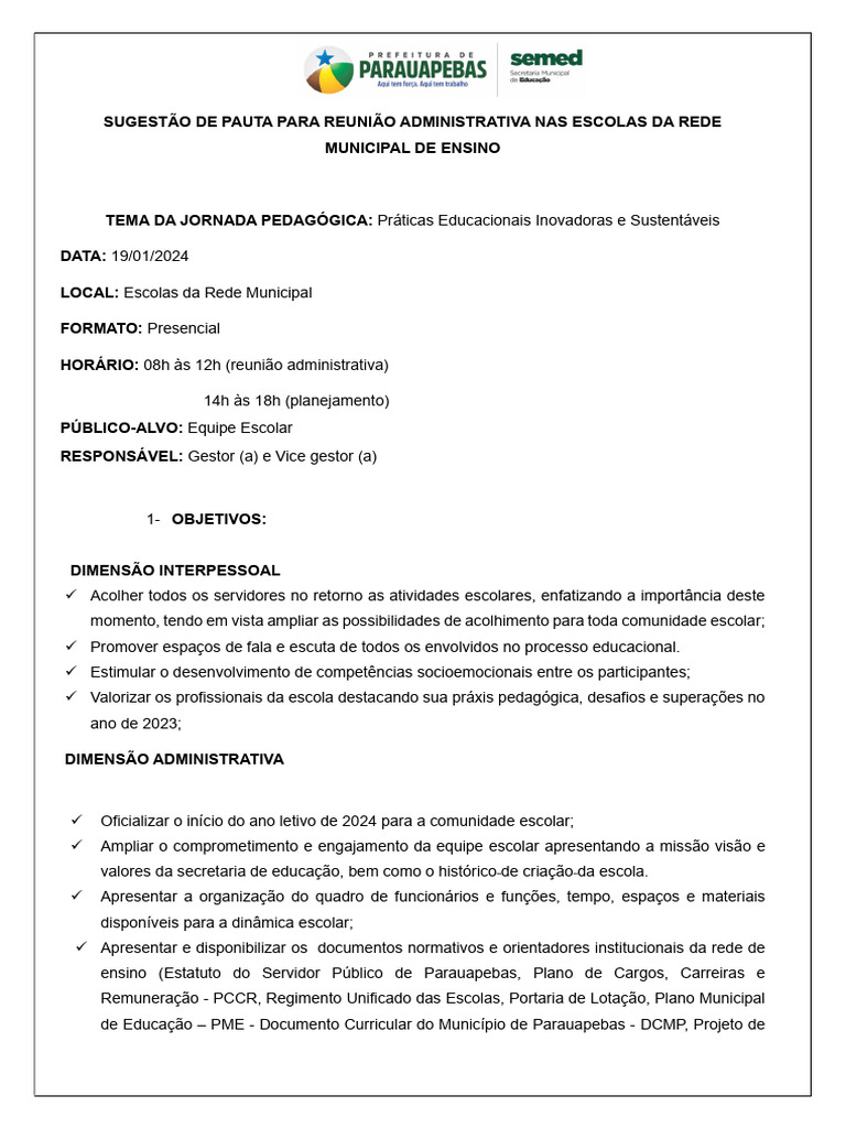 Pauta de Reunião Administrativa Escolar 2024 | PDF | Pedagogia ...