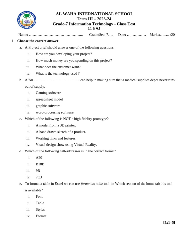 IT Test 5.1 & 6.1 Term 3 2023-24 | PDF | Spreadsheet | Software
