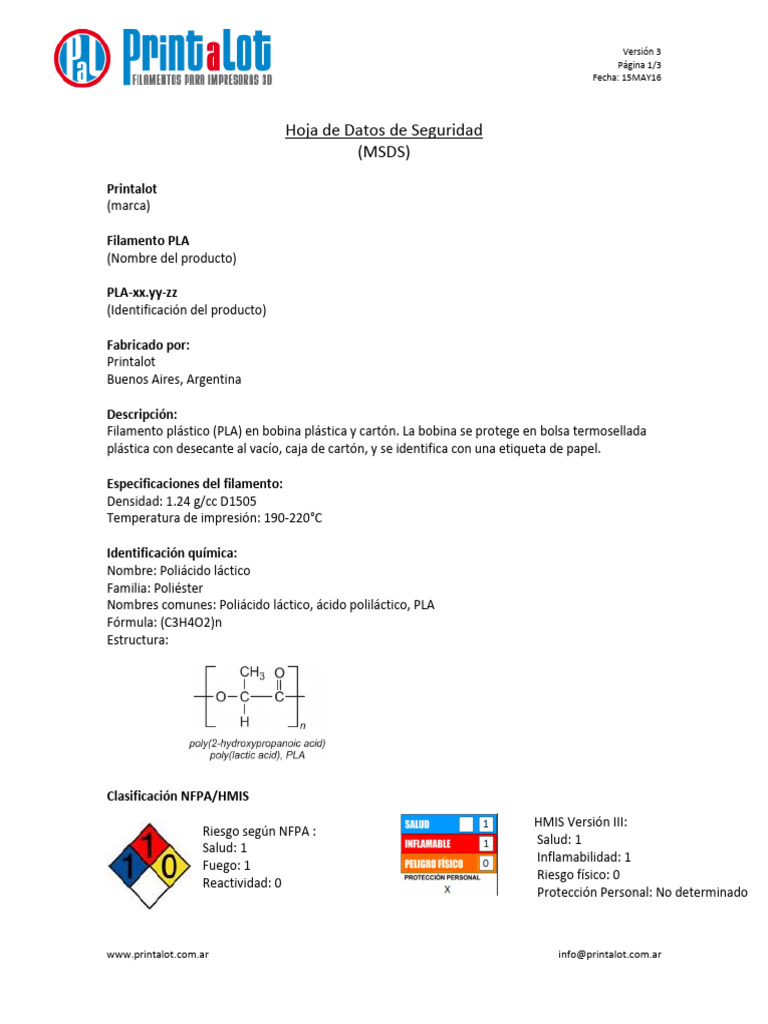 Hoja de Seguridad Filamento PLA Printalot | PDF | Agua | Combustión