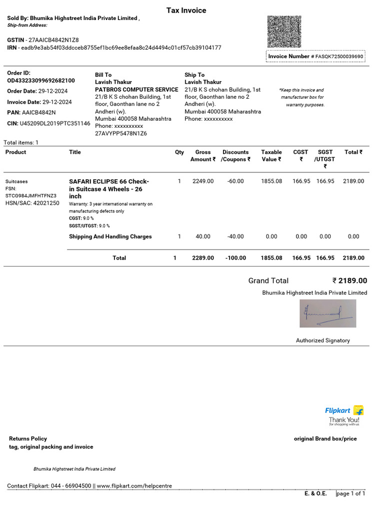 Invoice for Safari Eclipse Suitcase | PDF | Payments | Taxes