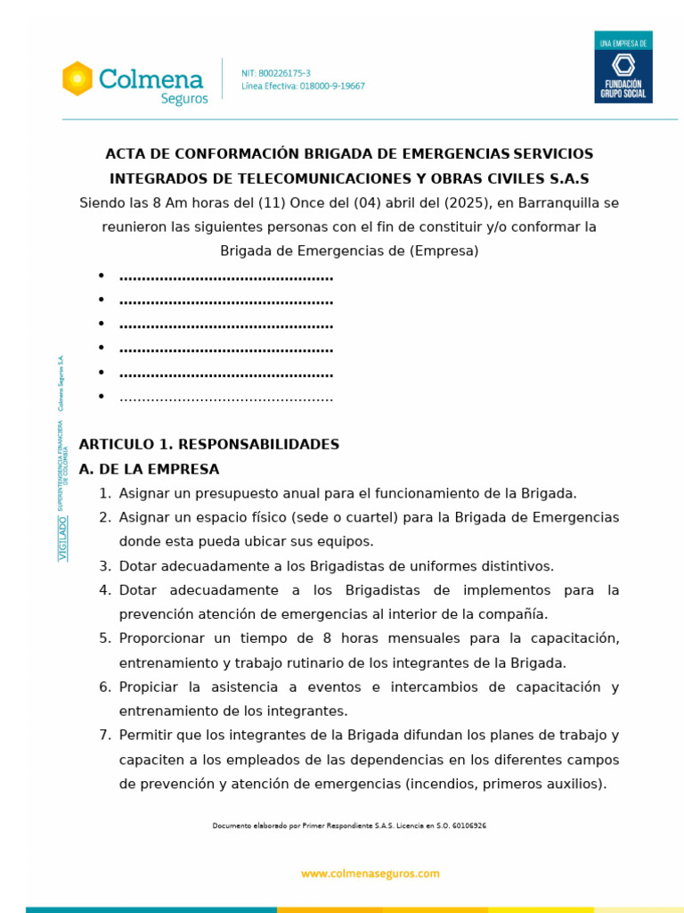 Acta de Conformación Brigada Emergencias | PDF