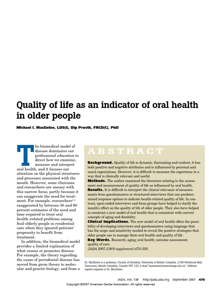 Oral Health's Impact on Quality of Life | PDF | Dentistry | Quality Of Life
