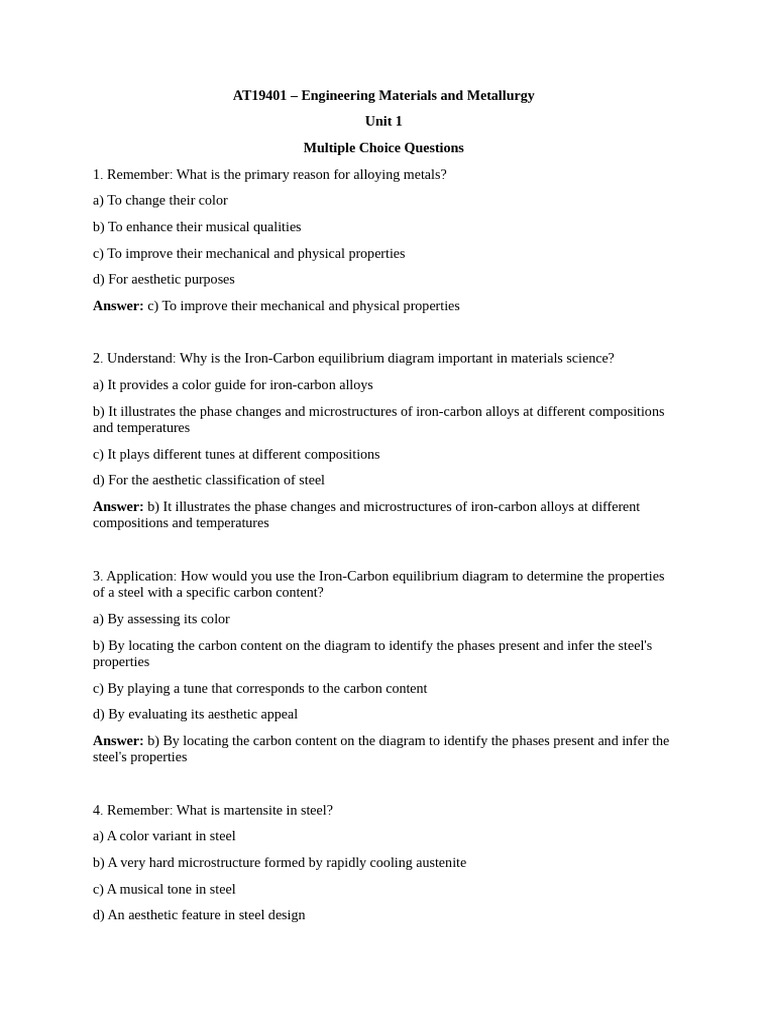 Engineering Materials MCQs: Metallurgy | PDF | Steel | Heat Treating