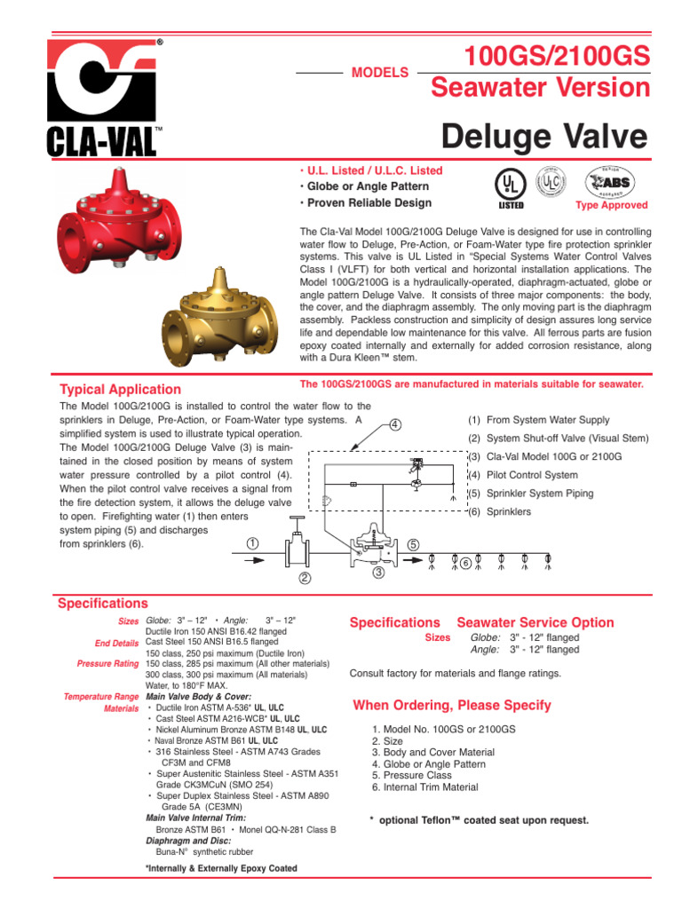 Seawater Deluge Valve 100GS/2100GS | PDF | Valve | Fire Sprinkler System