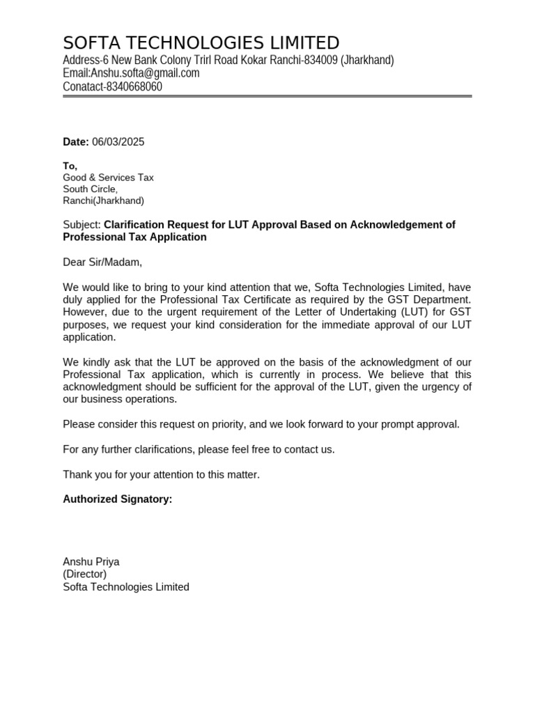 Urgent LUT Approval Request for GST | PDF