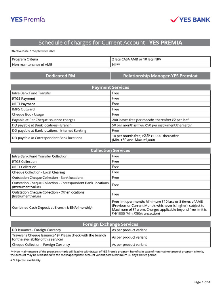 YES Premia Current Account Charges | PDF | Transaction Account ...