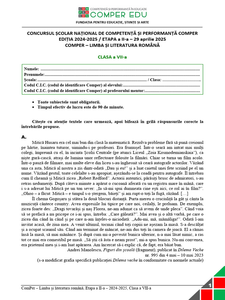 Subiect Comper Romana EtapaII 2024 2025 clasaVII | PDF