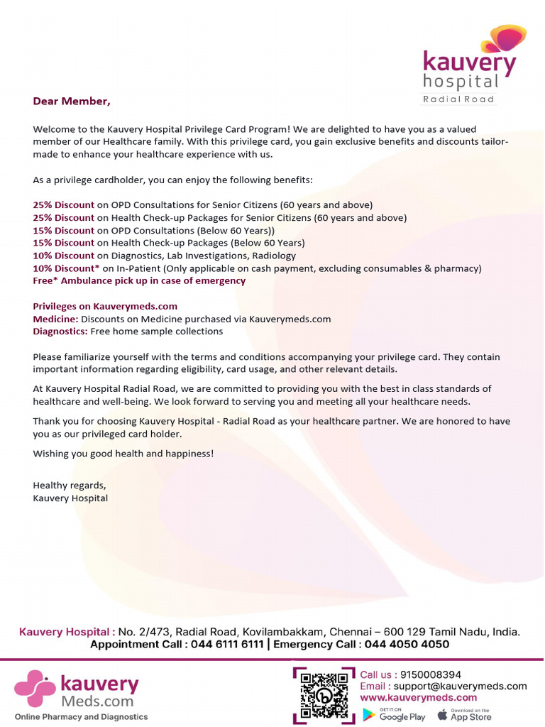 Kauvery Hospital Privilege Card Benefits | PDF | Discounts And ...