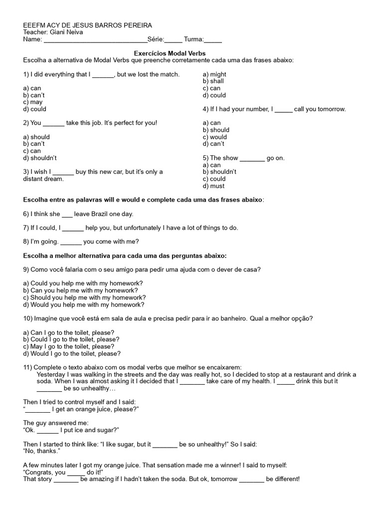 2ºano Modal Verbs | PDF | Linguistic Morphology | Semantic Units