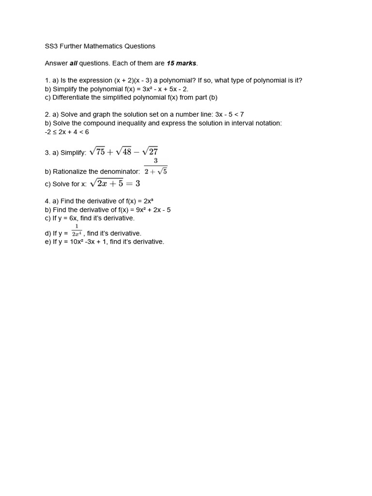 SS3 Further Mathematics Questions | PDF