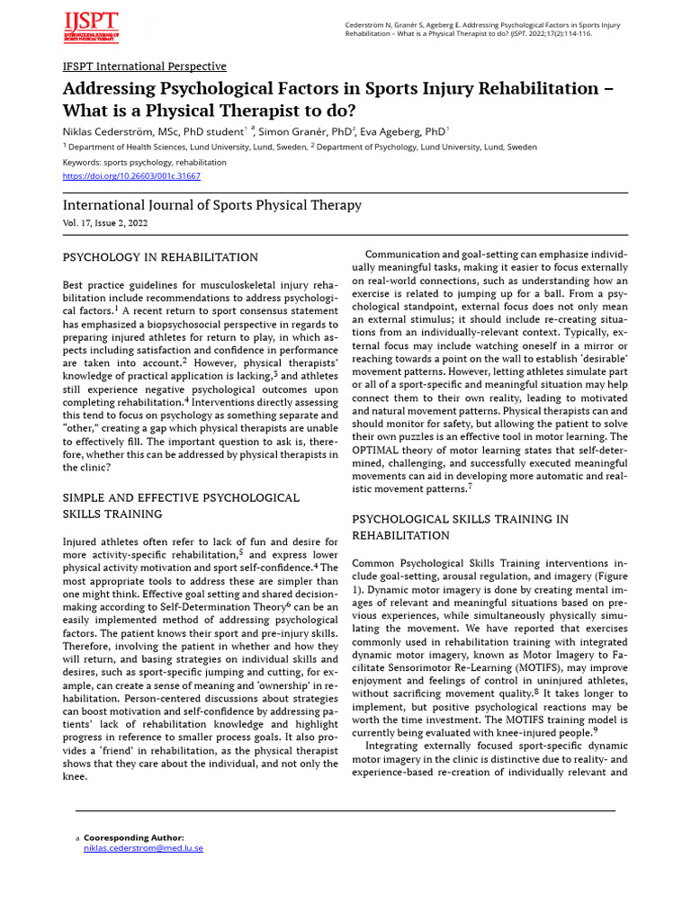 Addressing Psychological Factors in Sports Injury Rehabilitation What ...