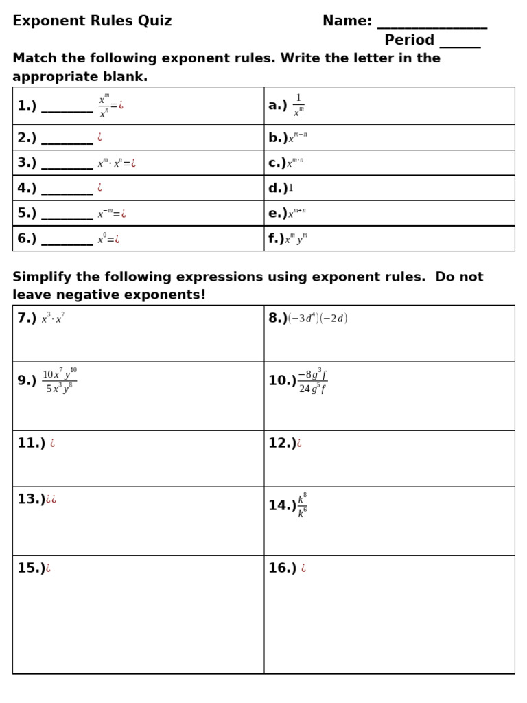 Exponent Rules Quiz Worksheet | PDF