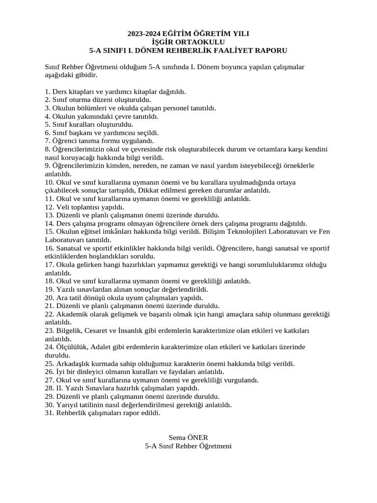 Siniflar I. Donem Rehberlik Faaliyet Raporu 2023 2024 | PDF