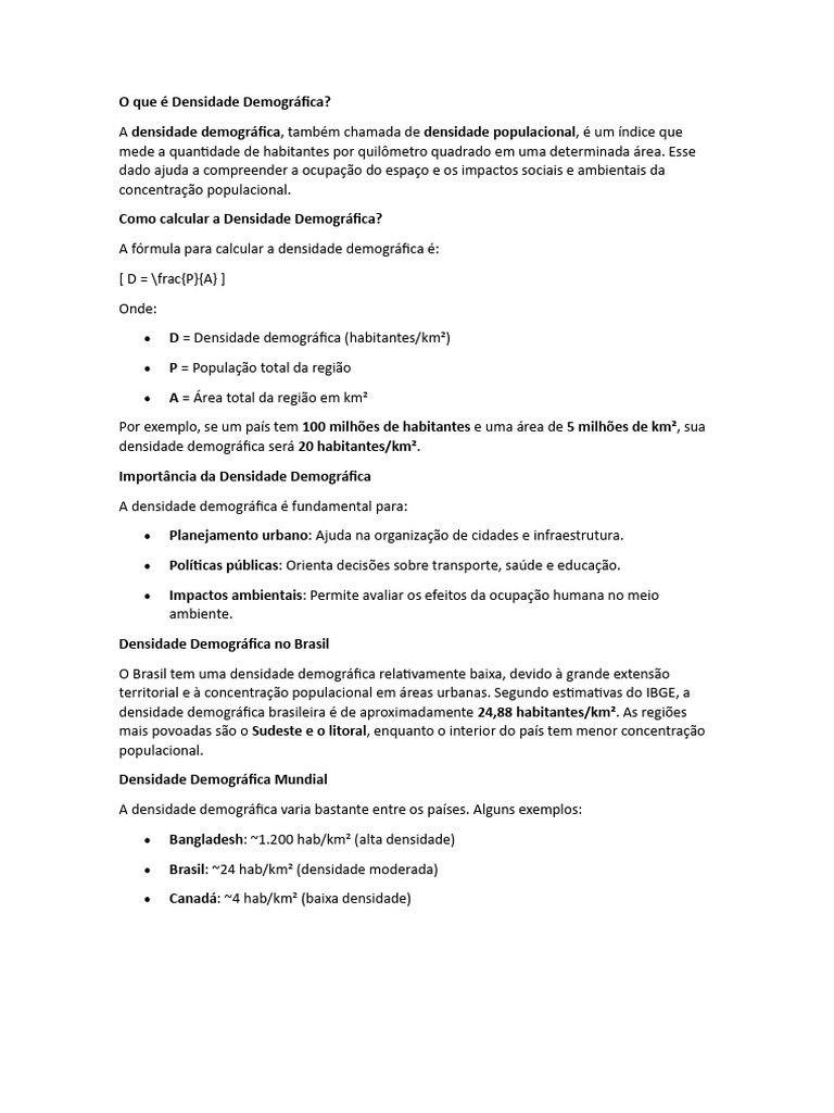 Resumo sobre Densidade Demográfica | PDF