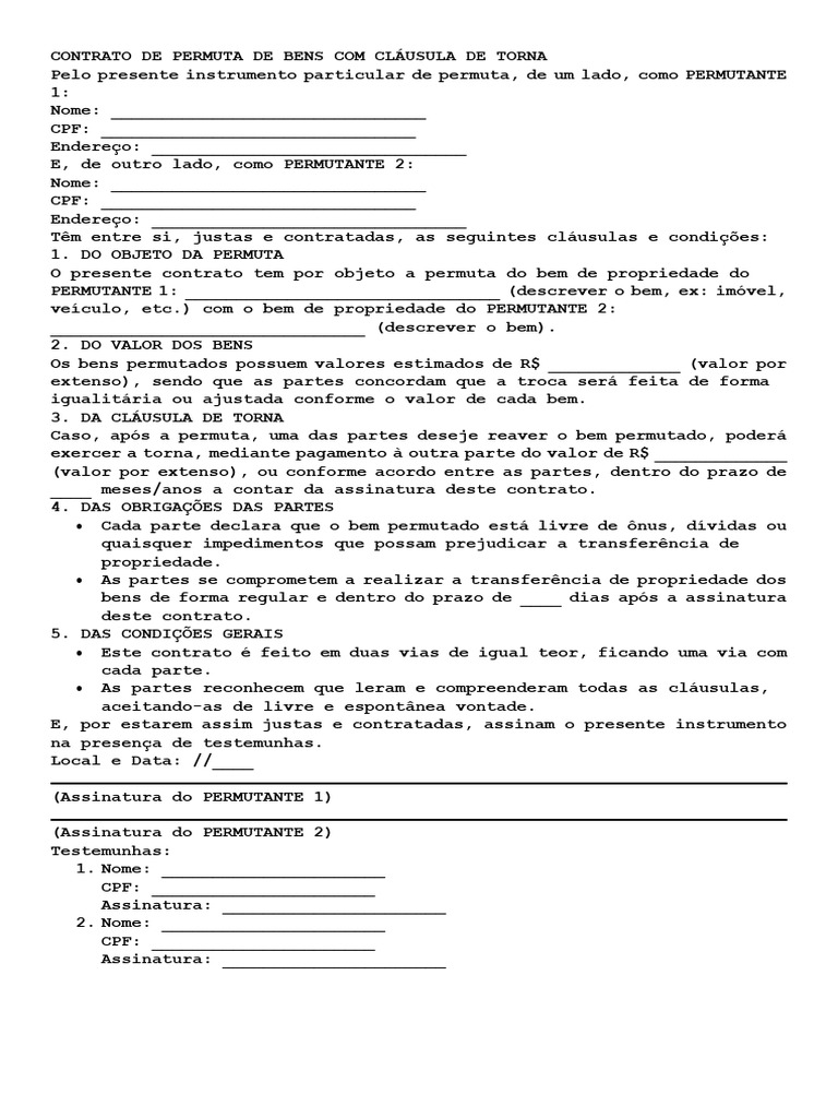 Contrato de Permuta com Cláusula de Torna | PDF