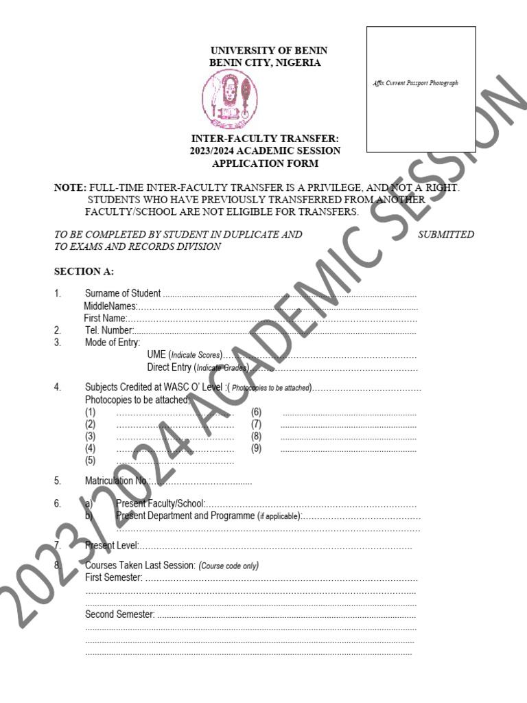 UNIBEN Inter-Faculty Transfer Form 2023 | PDF | Educational Stages