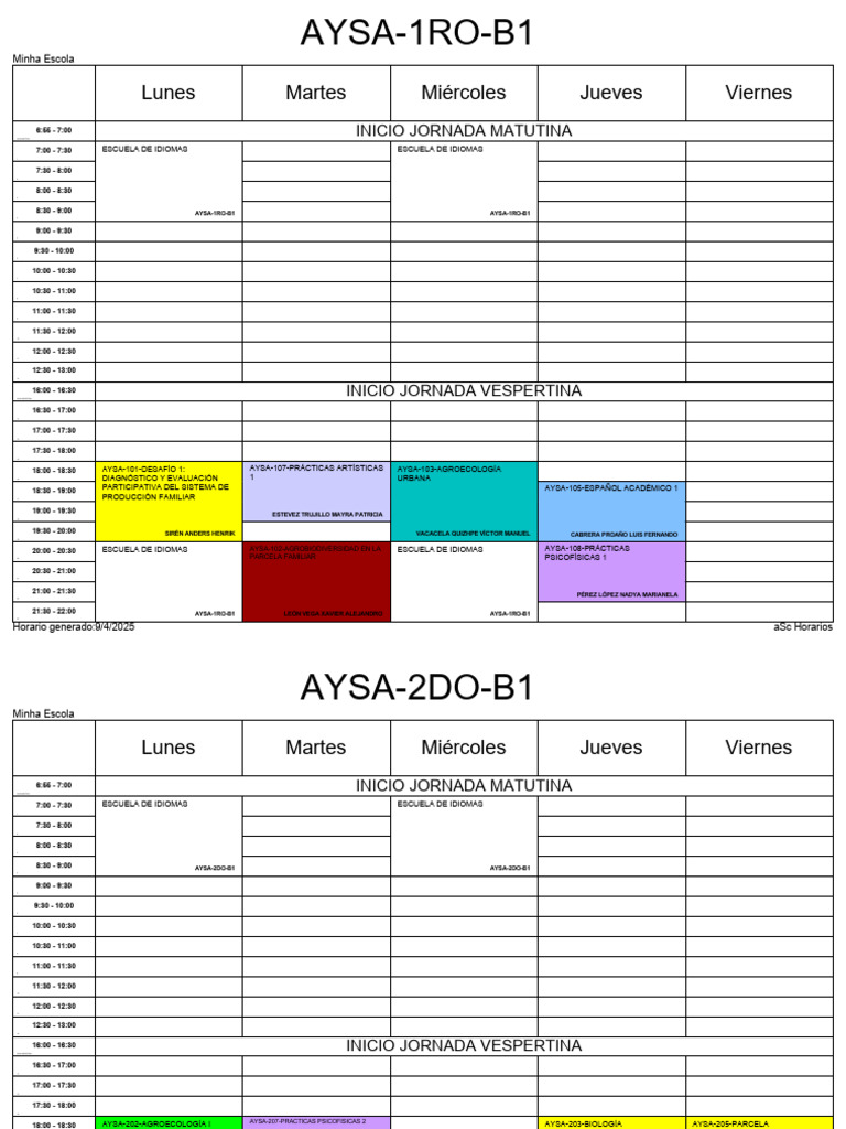 Horarios de Clases Escuela de Idiomas | PDF