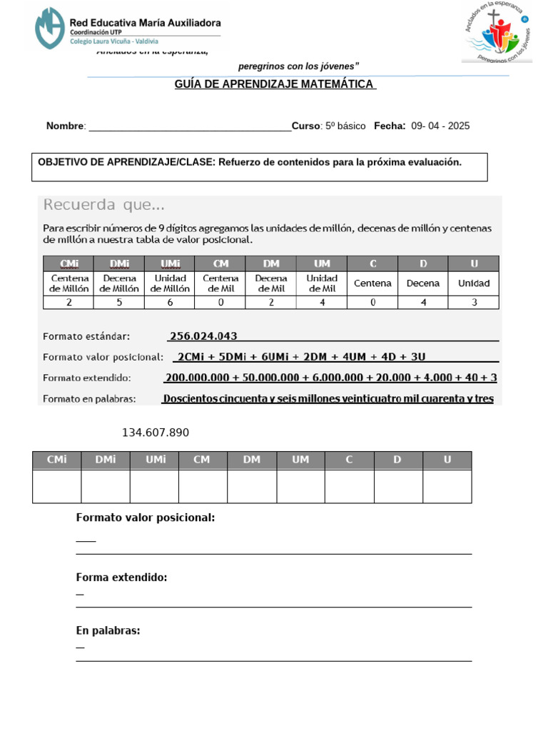 Guía de Aprendizaje Matemática 5º Básico | PDF