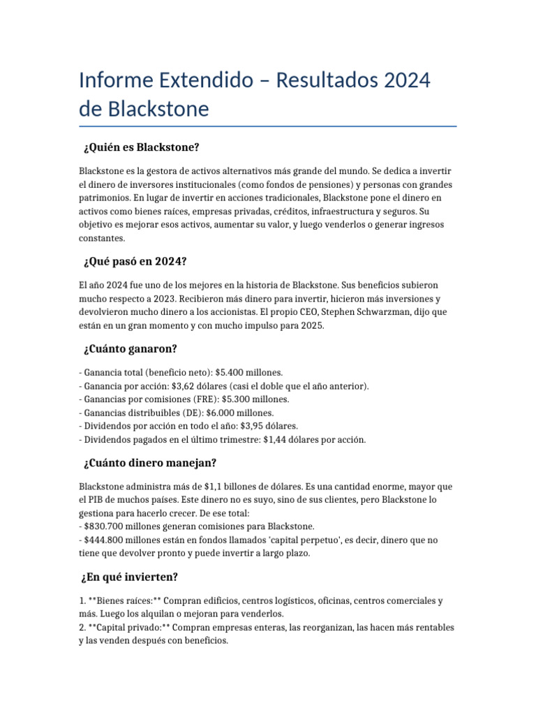 Informe Extendido Blackstone 2024 Kevin | PDF | Inversiones | Compartir ...