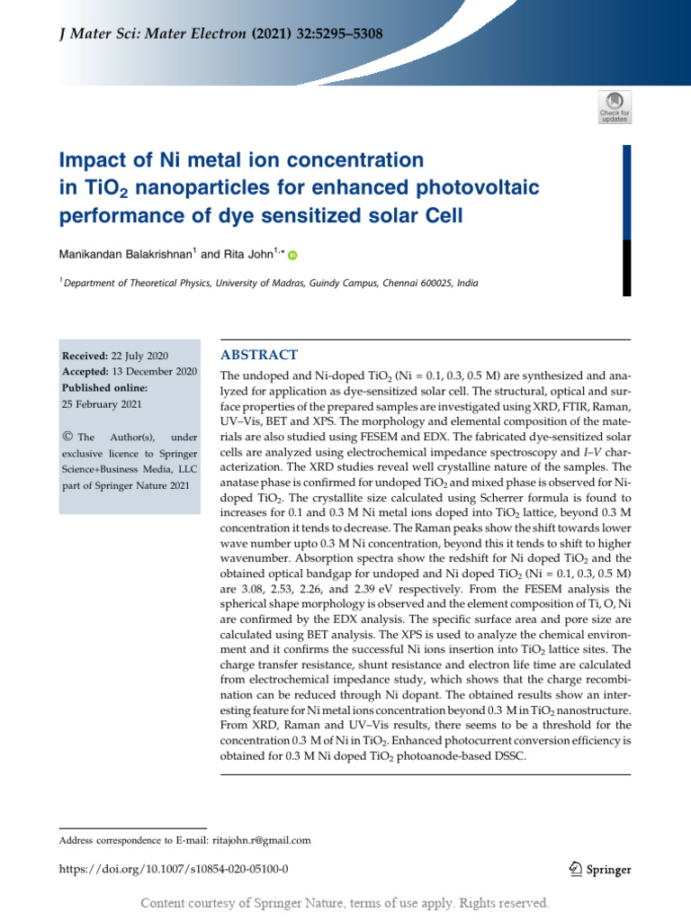 Ni-Doped TiO2 Nanoparticles in DSSCs | PDF | Doping (Semiconductor ...