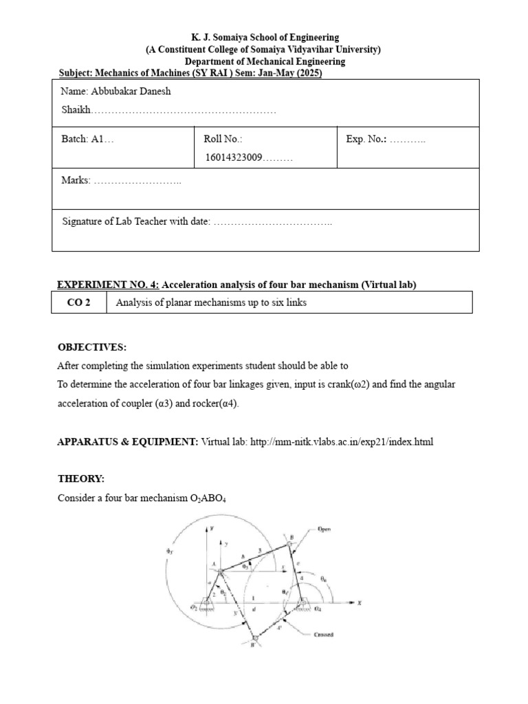Four-Bar Mechanism Acceleration Analysis | PDF | Acceleration | Mechanics