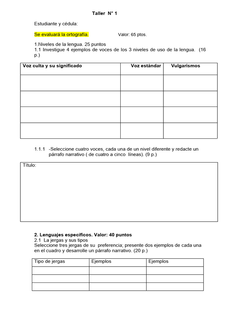 Taller N°1 Niveles Del Uso de La Lengua 2025ocx | PDF