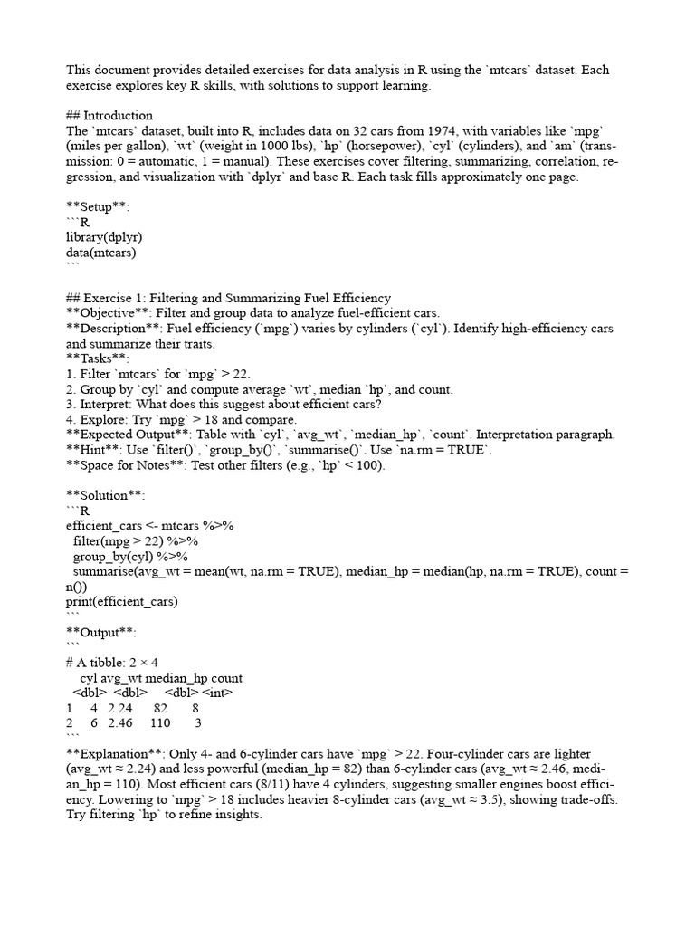 Exercise 1 Filtering and Summarizing Fuel Efficiency | PDF