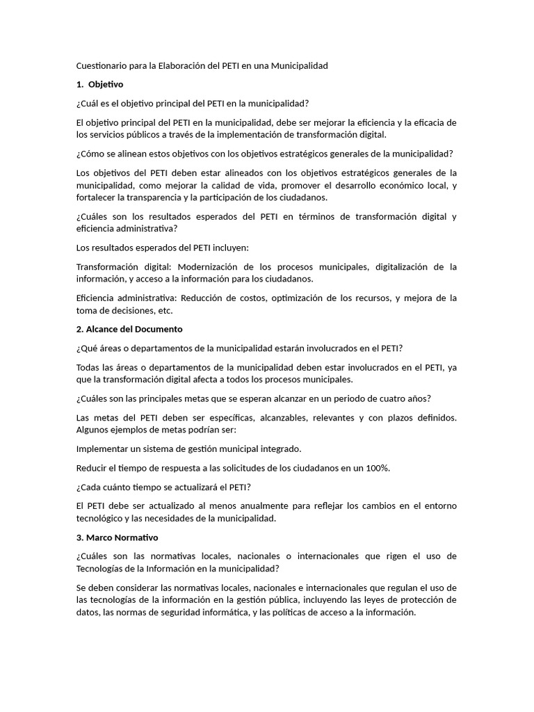 Cuestionario para La Elaboración Del PETI en Una Municipalidad | PDF ...