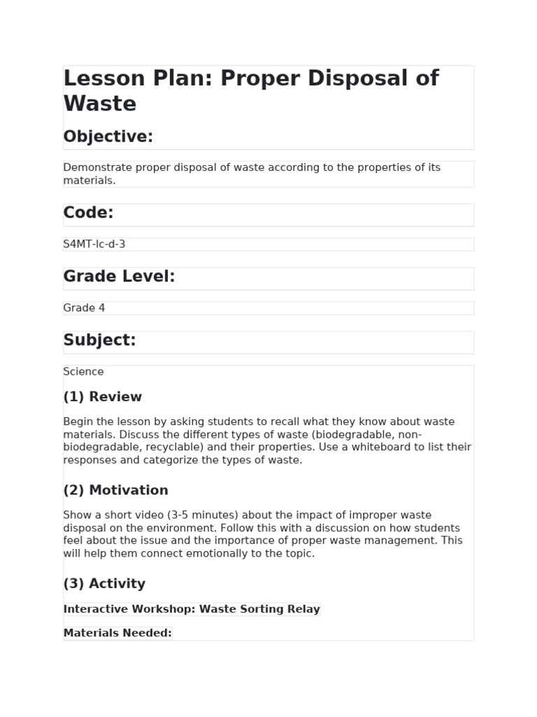 Grade 4 Lesson Plan on Waste Disposal | PDF | Recycling | Waste