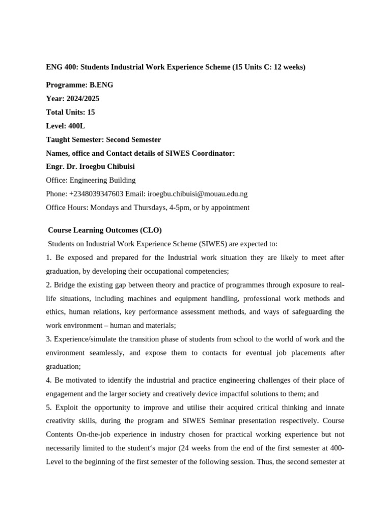 EEE 400 Students Industrial Working Experience Scheme | PDF | Behavior ...