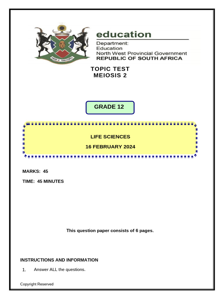 Grade 12 Meiosis Test Paper 2024 | PDF | Meiosis | Sexual Reproduction