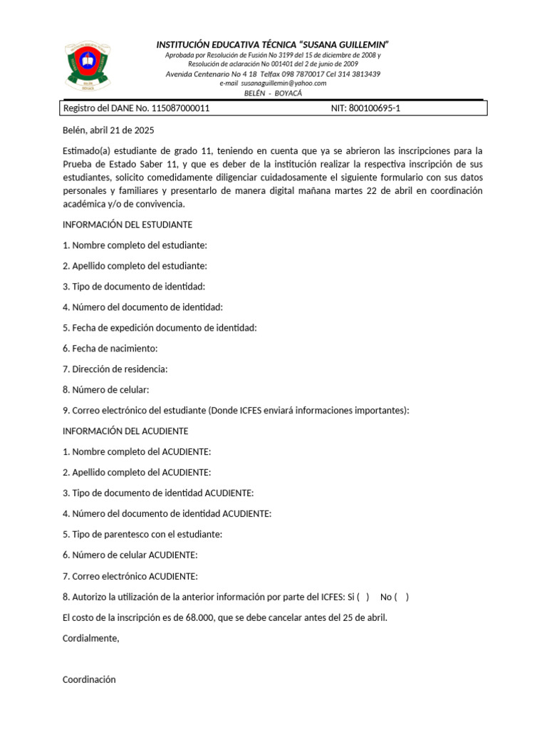 Inscripción Prueba Saber 11 2025 | PDF