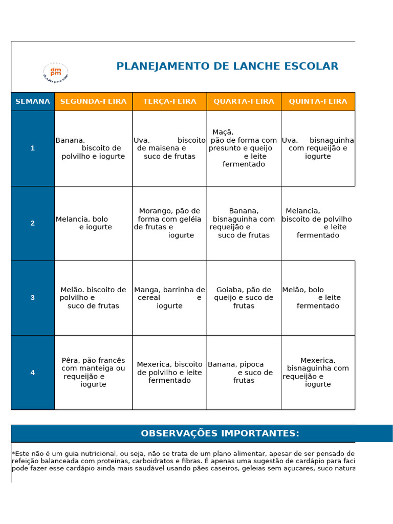 Cardápio Semanal de Lanches Escolares | PDF | Pães | Bolos