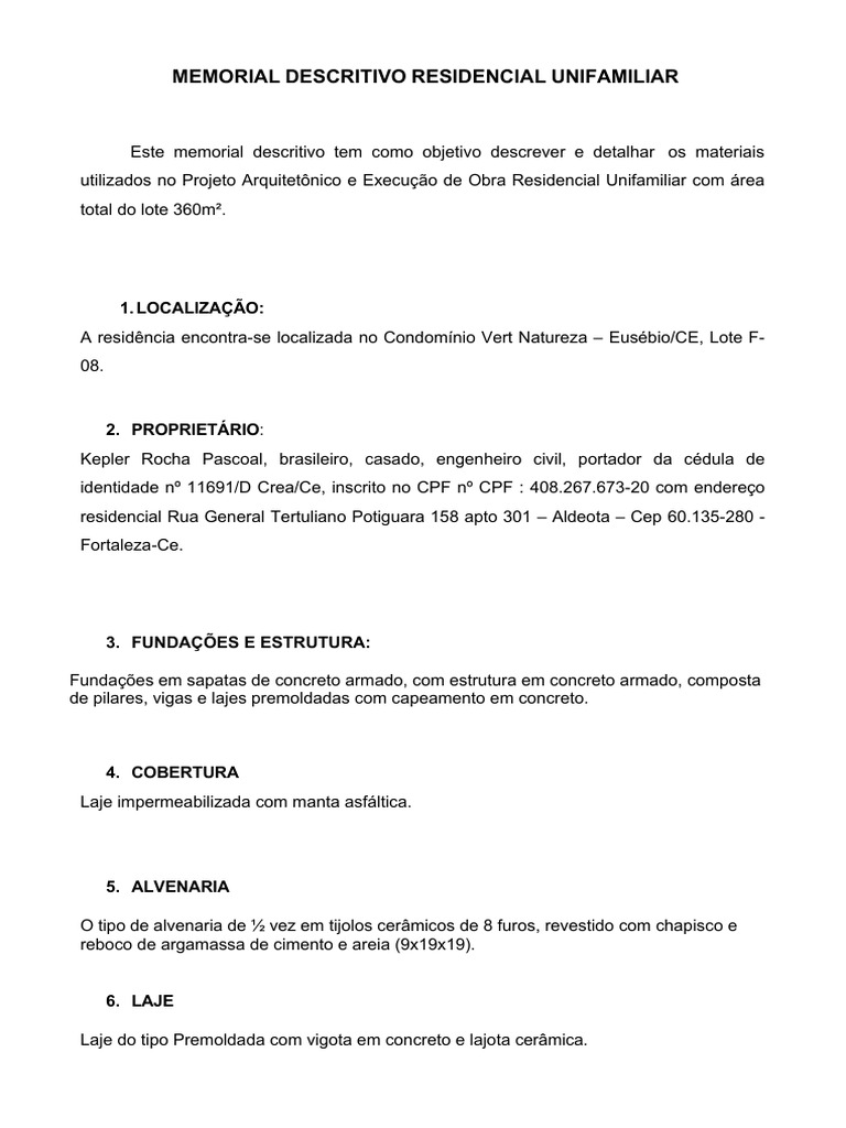 Memorial Descritivo de Residência Unifamiliar | PDF | Engenharia Civil ...