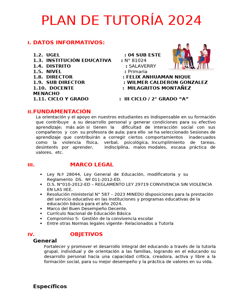 Plan de Tutoría 2024 para Primaria | PDF | Salón de clases | Plan de ...