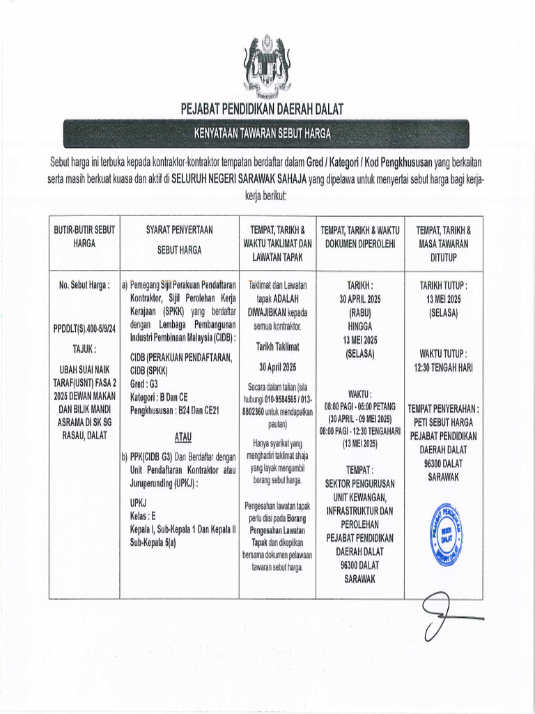 Sebut Harga Usnt SK SG Rasau, Dalat | PDF