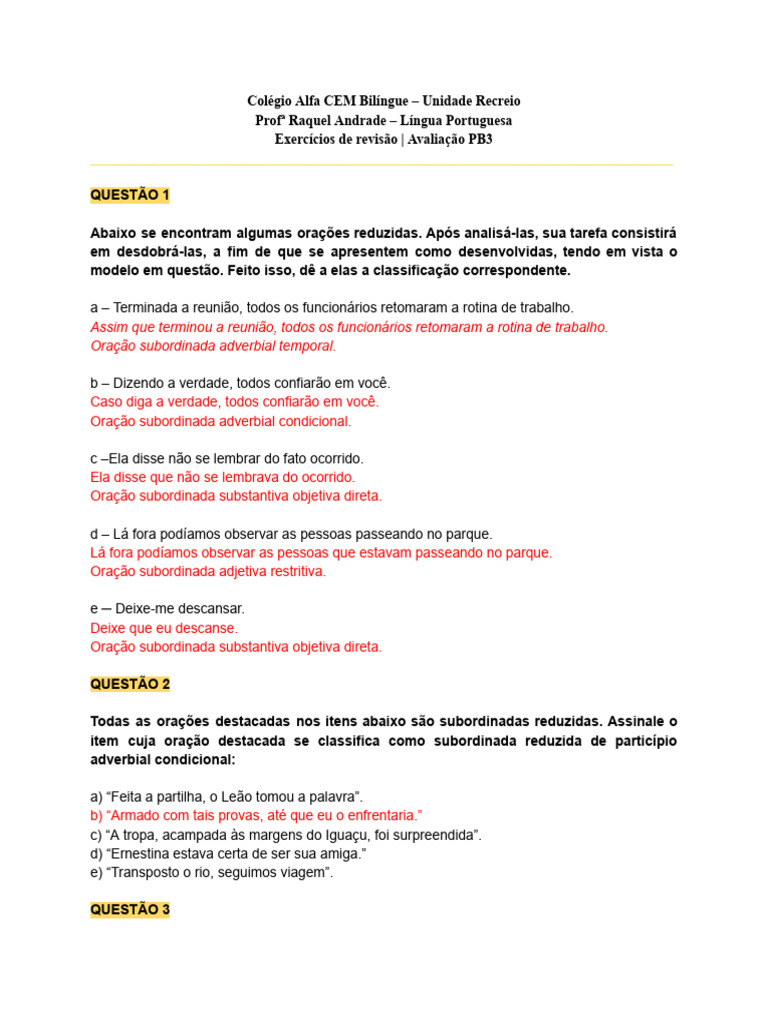 Exercícios sobre Orações Reduzidas | PDF | Morfologia linguística ...